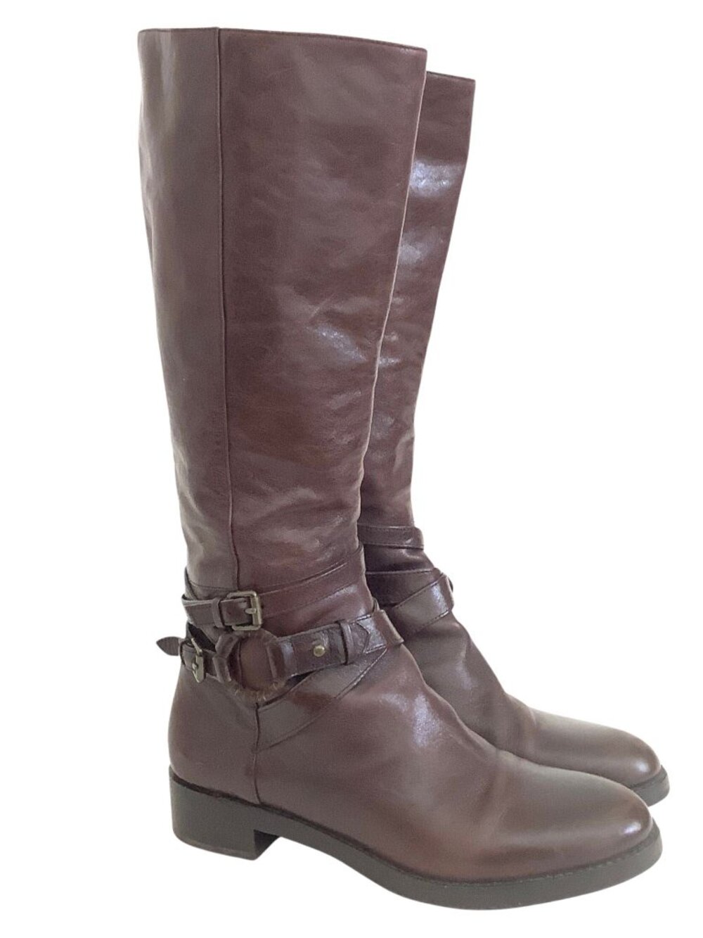 Vintage Via Spiga Flat Riding Boots Brown Leather Side Buckles Women's Size 7.5